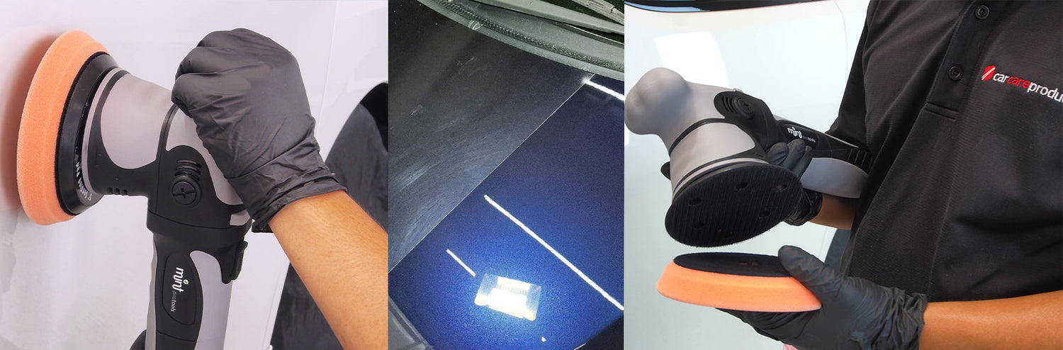 Series of images Showing off a machine polisher in use, a car panel that has been half polished and another showing an orange pad being put onto a polisher