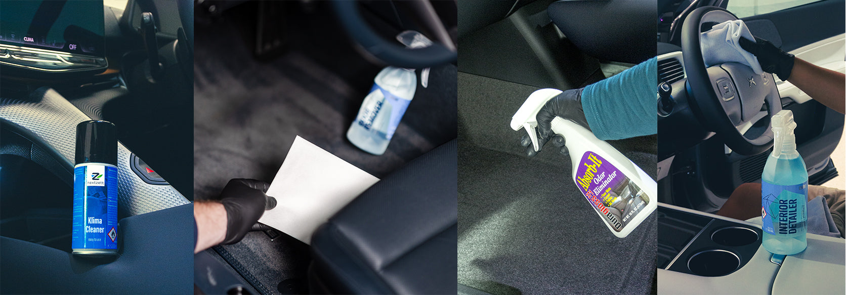 Series of Images, including a can of Nextzett Klima, a Gyeon Odor remover pad and Purify Maintain, Durgloss AbsorbIt and Gyeon Interior Maintain