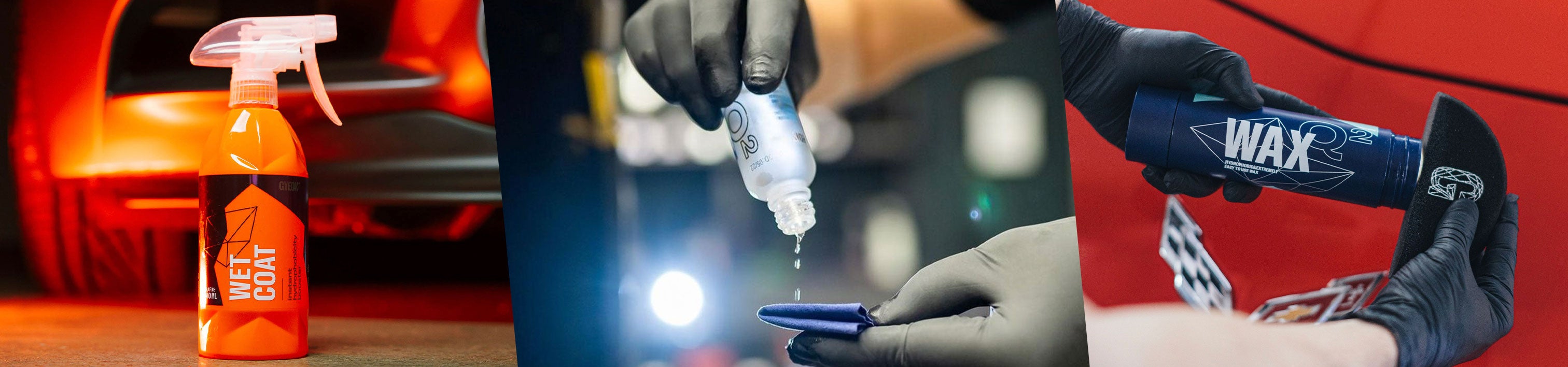 Car paint protection products including wax, sealant and ceramic coating on a glossy panel