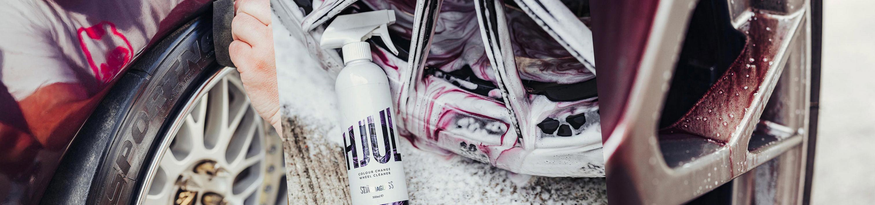 Clean alloy wheel free of brake dust, showing wheel and tyre care products in use